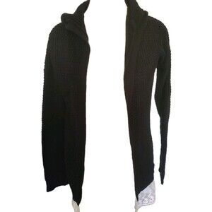 Sugar Girls Black Waffle Knit Hooded  Cardigan Size Large Lace Bottom Trim
